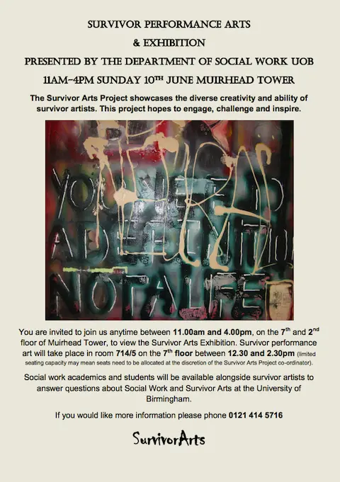 Example poster for Exhibition of Survivor Art. Courtesy of www.birmingham.ac.uk